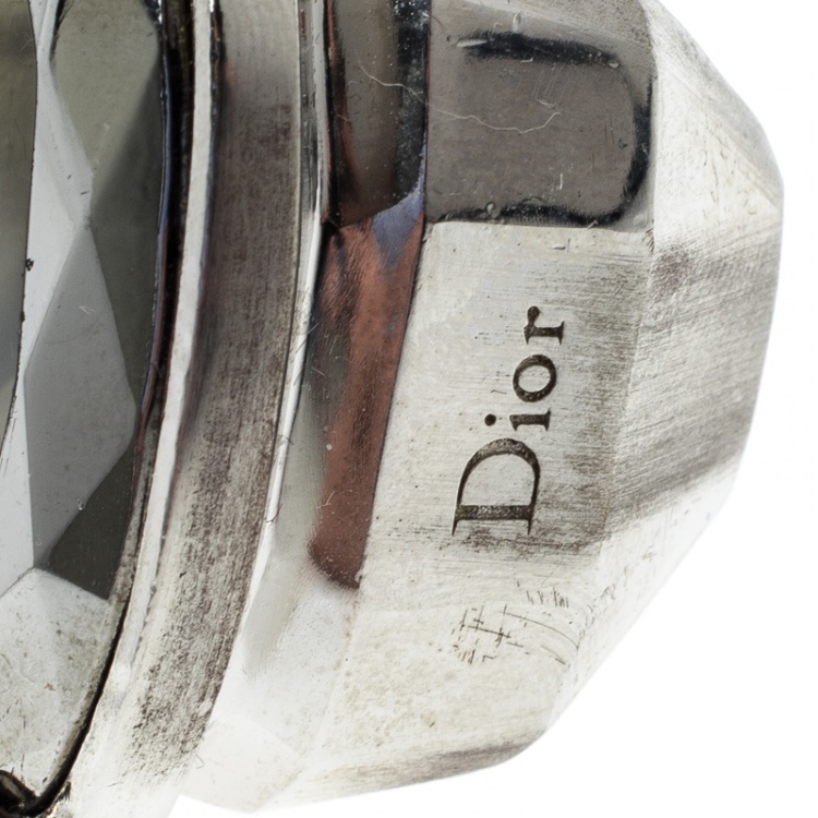 Pre Owned Dior Oval Crystal Silver Tone Oversized Ring Size 57