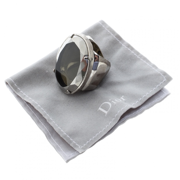Pre Owned Dior Oval Crystal Silver Tone Oversized Ring Size 57