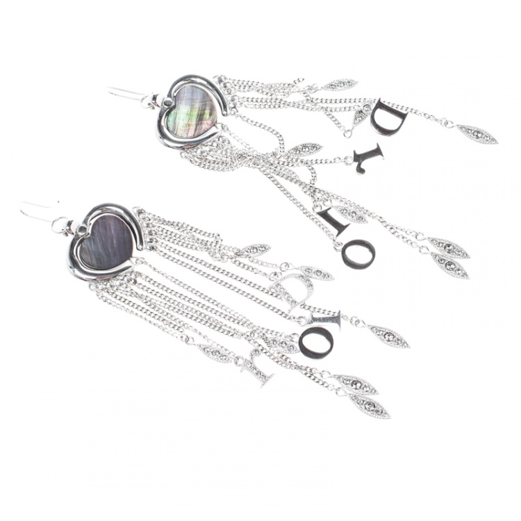Pre Owned Dior Heart Crystal Embellished Silver Tone Long Tassel Hook Earrings 