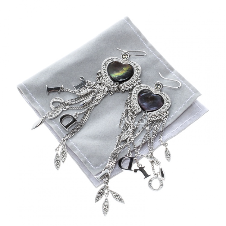 Pre Owned Dior Heart Crystal Embellished Silver Tone Long Tassel Hook Earrings 