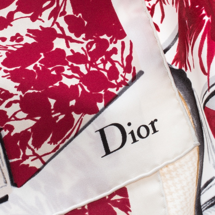 Pre Owned Dior White and Red Model Collection Printed Silk Square Scarf