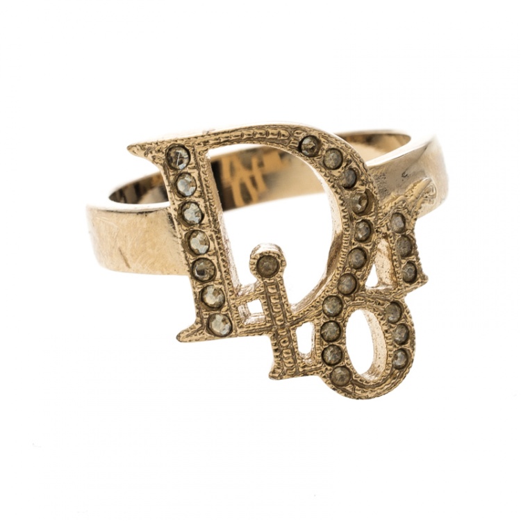 Pre Owned Dior Crystal Studded Logo Rose Gold Tone Ring Size 54