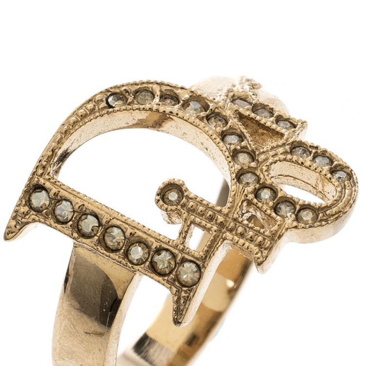 Pre Owned Dior Crystal Studded Logo Rose Gold Tone Ring Size 54