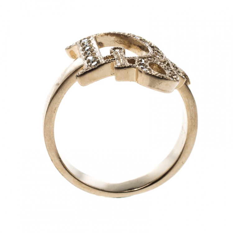 Pre Owned Dior Crystal Studded Logo Rose Gold Tone Ring Size 54