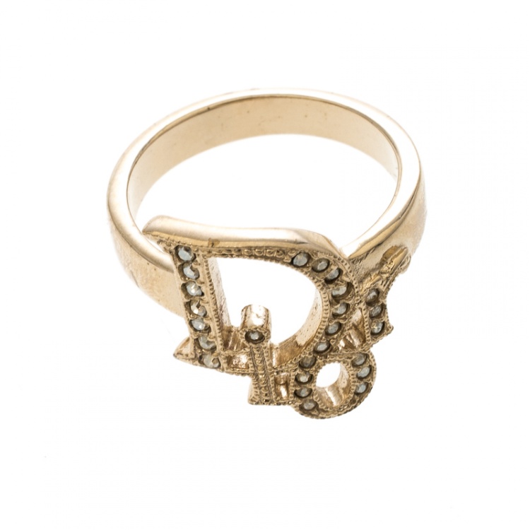 Pre Owned Dior Crystal Studded Logo Rose Gold Tone Ring Size 54