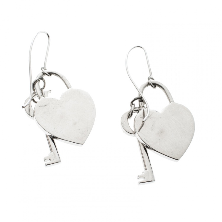 Pre Owned Dior Heart Lock & Key Charm Crystal Silver Tone Drop Hook Earrings