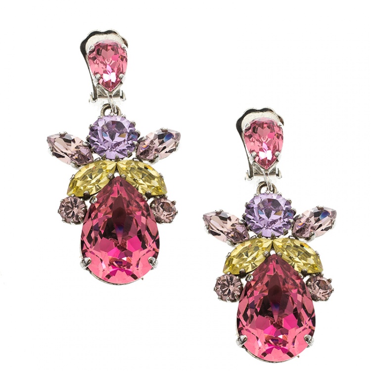 Pre Owned Dior Floral Multicolor Crystal Silver Tone Clip-on Drop Earrings