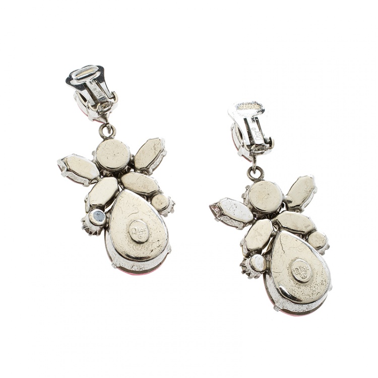 Pre Owned Dior Floral Multicolor Crystal Silver Tone Clip-on Drop Earrings