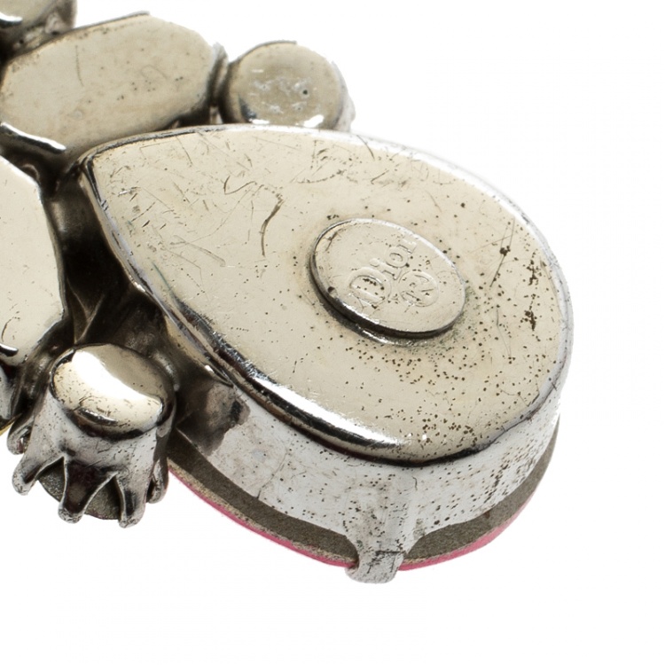 Pre Owned Dior Floral Multicolor Crystal Silver Tone Clip-on Drop Earrings