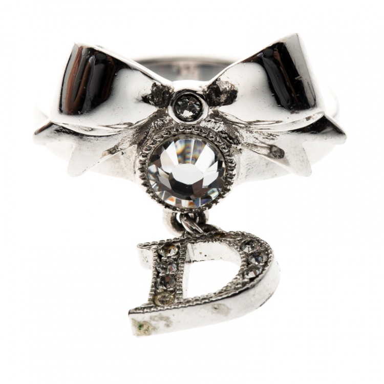 Pre Owned Dior Bow Crystal Embellished Silver Tone Ring