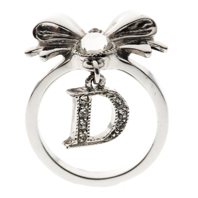 Pre Owned Dior Bow Crystal Embellished Silver Tone Ring