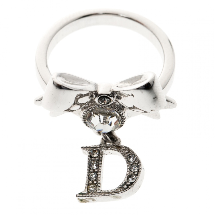Pre Owned Dior Bow Crystal Embellished Silver Tone Ring