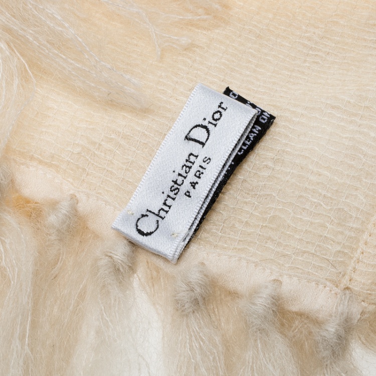 Pre Owned Dior Cream Silk and Mohair Tassel Edged Scarf