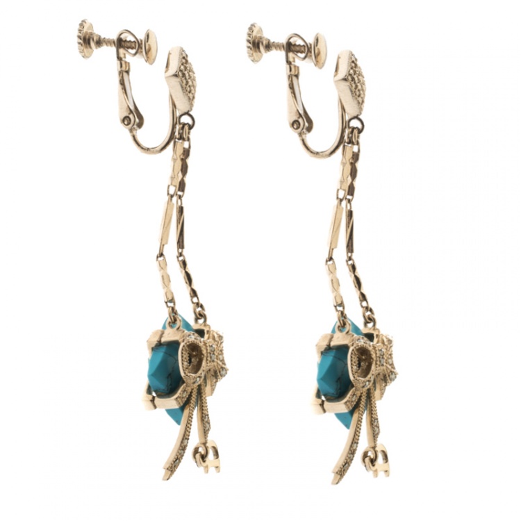 Pre Owned Dior Blue Stone Crystal Rose Gold Tone Long Earrings