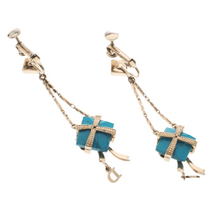 Pre Owned Dior Blue Stone Crystal Rose Gold Tone Long Earrings