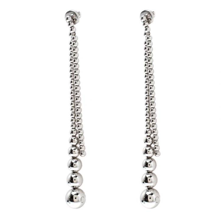 Pre Owned Dior Beaded Tassel Silver Tone Long Earrings