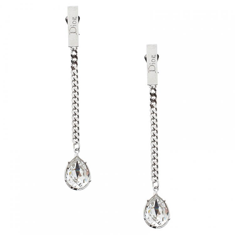 Pre Owned Dior Crystal Silver Tone Chain Long Clip-on Drop Earrings