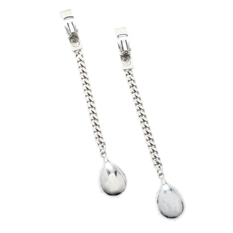 Pre Owned Dior Crystal Silver Tone Chain Long Clip-on Drop Earrings