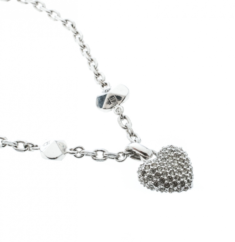 Pre Owned Dior Crystal Embedded Heart Silver Tone Charm Bracelet