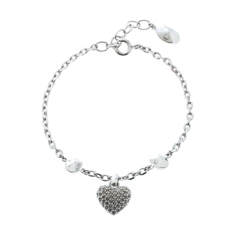 Pre Owned Dior Crystal Embedded Heart Silver Tone Charm Bracelet