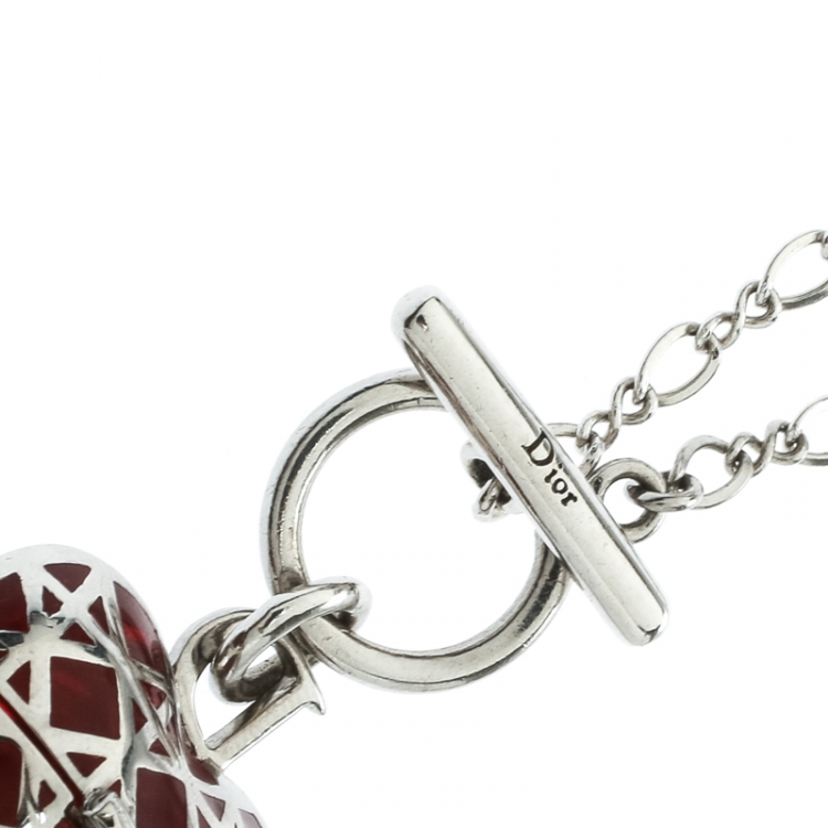 Pre Owned Dior Secret Heart Enamel Cannage Silver Tone Toggle Pendant Necklace