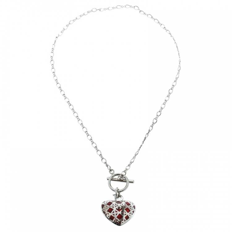 Pre Owned Dior Secret Heart Enamel Cannage Silver Tone Toggle Pendant Necklace