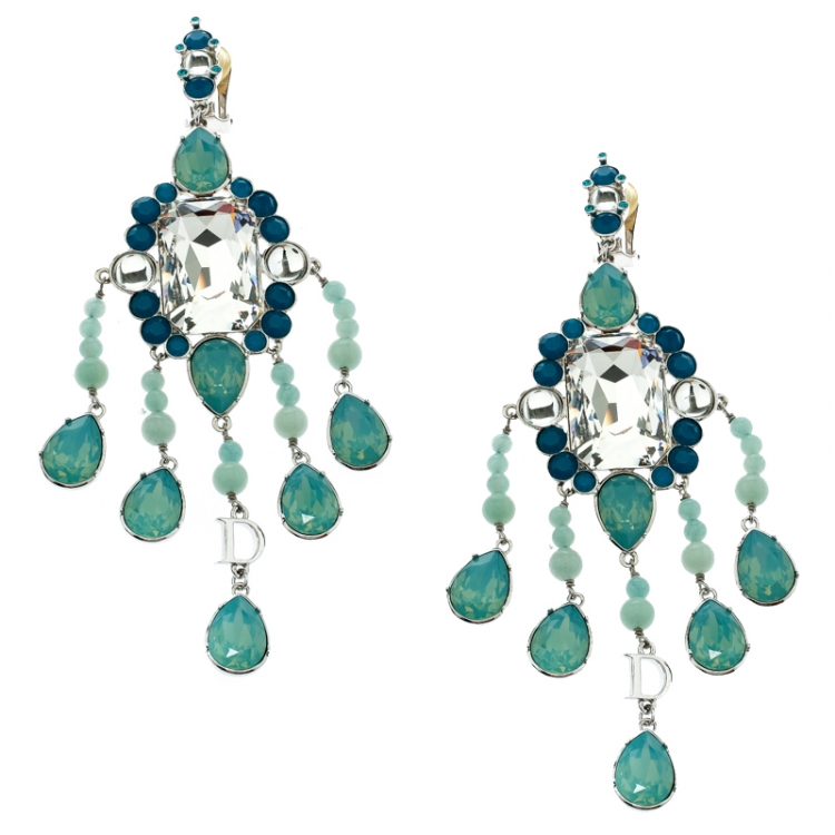 Pre Owned Dior Blue Crystal Embellished Silver Tone Clip-on Long Earrings