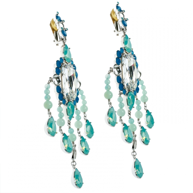 Pre Owned Dior Blue Crystal Embellished Silver Tone Clip-on Long Earrings