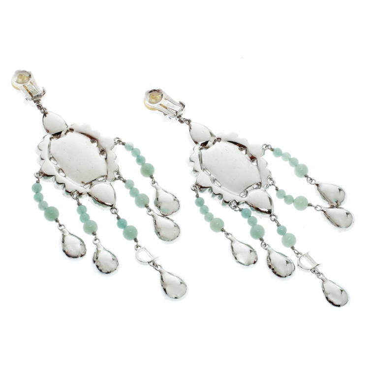 Pre Owned Dior Blue Crystal Embellished Silver Tone Clip-on Long Earrings