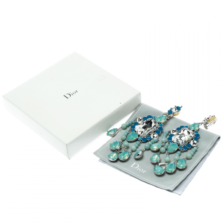 Pre Owned Dior Blue Crystal Embellished Silver Tone Clip-on Long Earrings