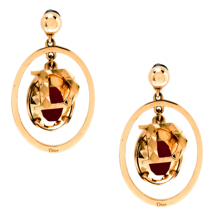 Pre Owned Dior Red Crystal Gold Tone Dangle Earrings