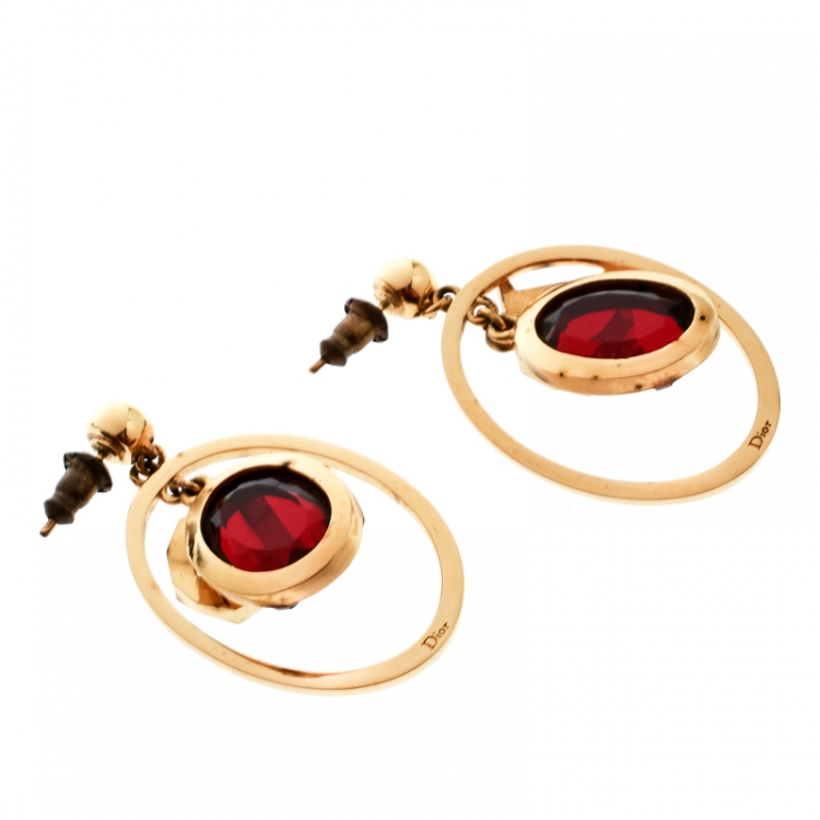 Pre Owned Dior Red Crystal Gold Tone Dangle Earrings