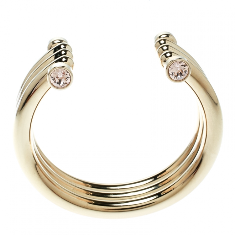 Pre Owned Dior Crystal Gold Tone Wide Open Cuff Bracelet