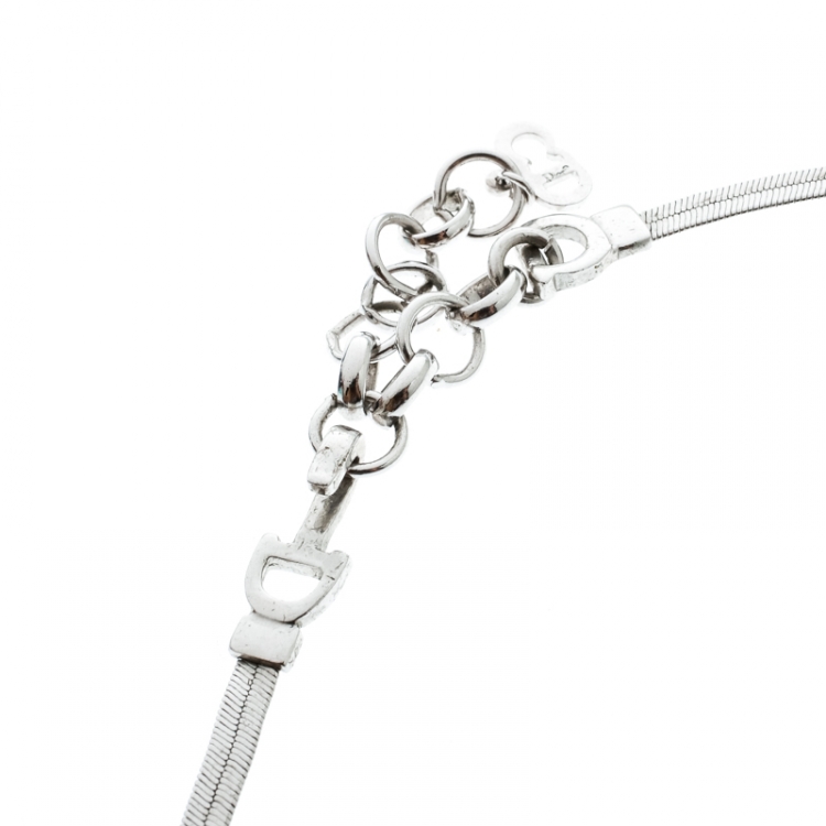 Pre Owned Dior Bow CD charm Silver Tone Snake Chain Necklace