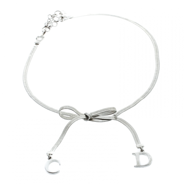 Pre Owned Dior Bow CD charm Silver Tone Snake Chain Necklace