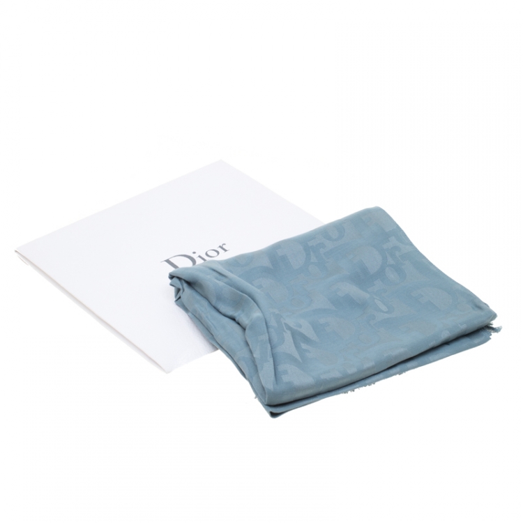 Pre Owned Dior Blue Silk and Wool Diorissimo Patterned Fringed Edge Scarf