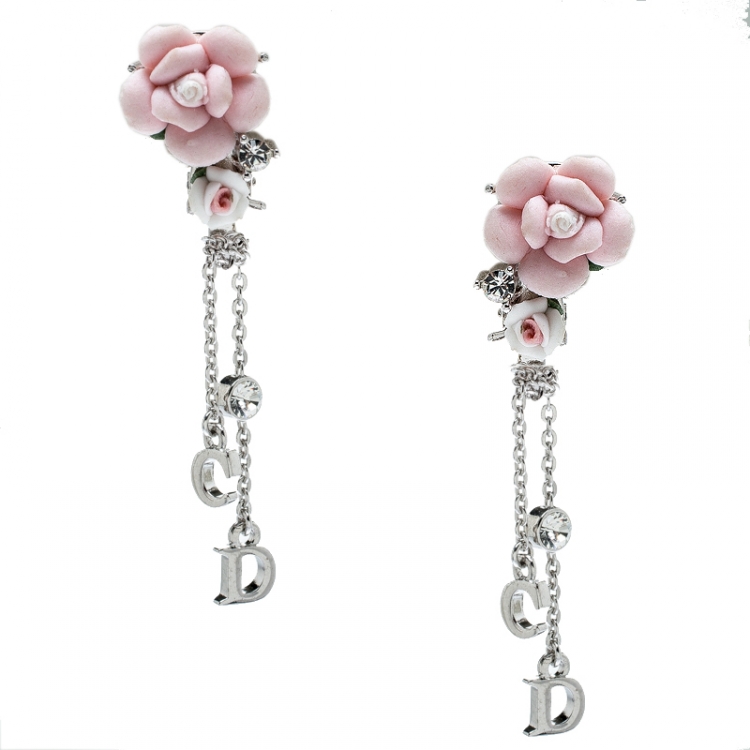 Pre Owned Dior Crystal Embellished Rose Dangle Clip On Earrings