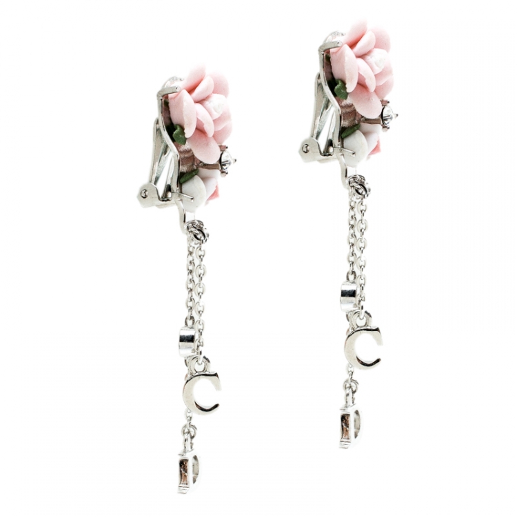 Pre Owned Dior Crystal Embellished Rose Dangle Clip On Earrings