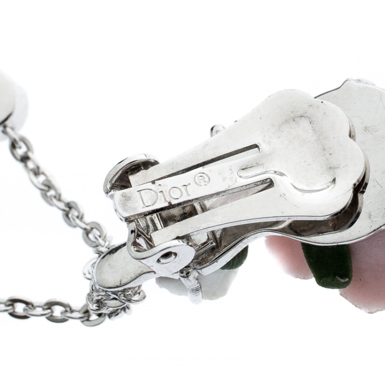 Pre Owned Dior Crystal Embellished Rose Dangle Clip On Earrings