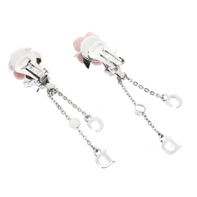 Pre Owned Dior Crystal Embellished Rose Dangle Clip On Earrings