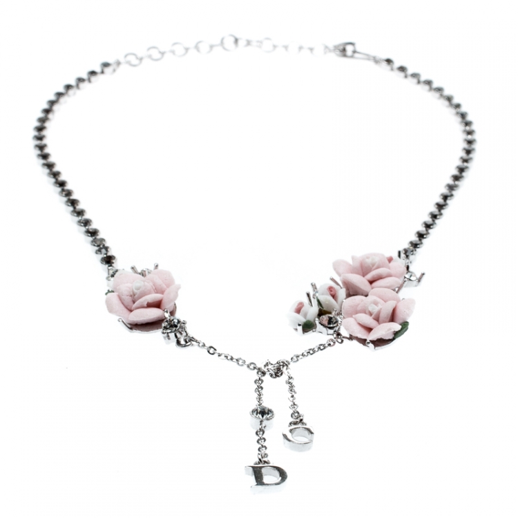 Pre Owned Dior Crystal Chain Rose Embedded Choker Necklace