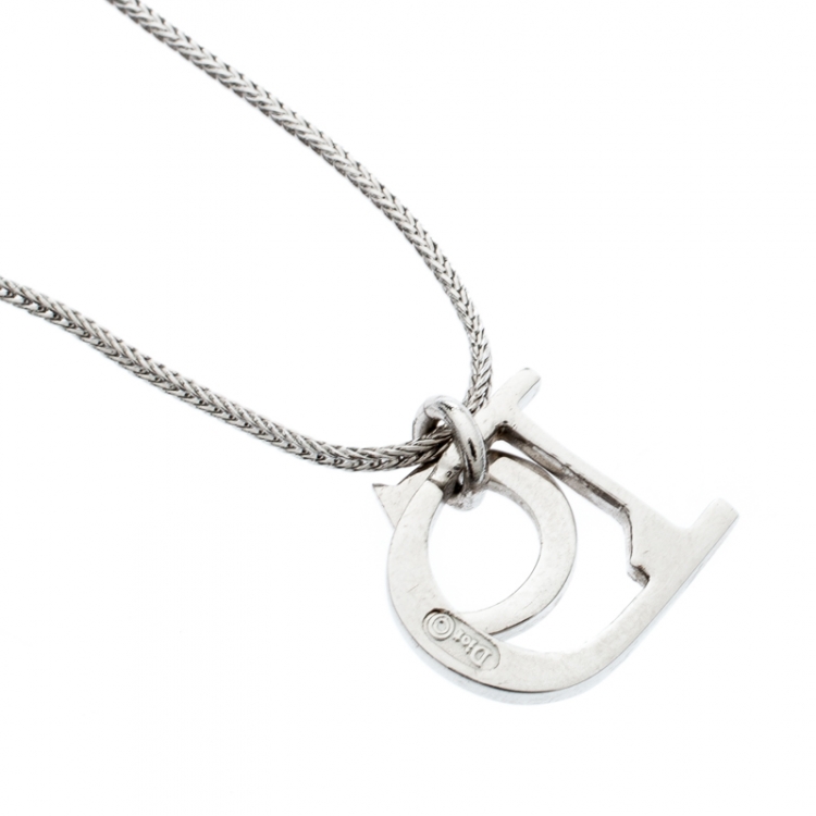 Pre Owned Dior Crystal Encrusted Logo Pendant Silver Tone Necklace