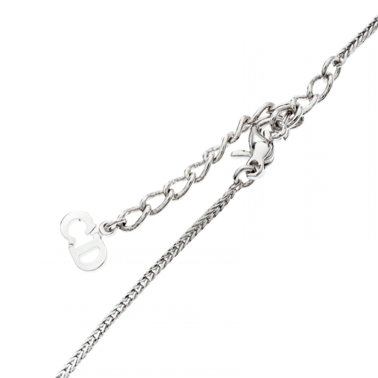 Pre Owned Dior Crystal Encrusted Logo Pendant Silver Tone Necklace
