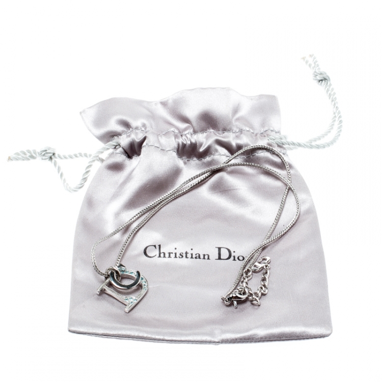 Pre Owned Dior Crystal Encrusted Logo Pendant Silver Tone Necklace