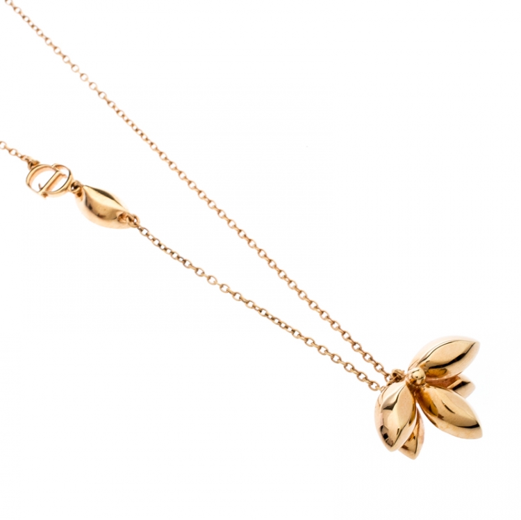 Pre Owned Dior Pink Crystal Flower Gold Tone Necklace