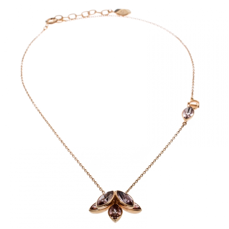 Pre Owned Dior Pink Crystal Flower Gold Tone Necklace