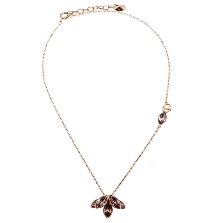 Pre Owned Dior Pink Crystal Flower Gold Tone Necklace