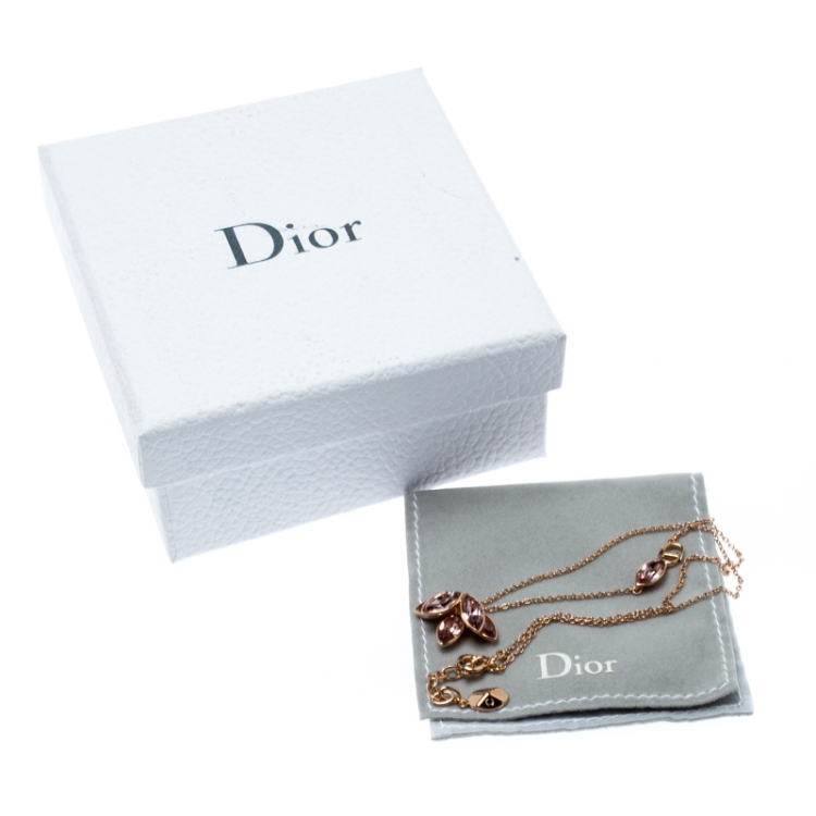 Pre Owned Dior Pink Crystal Flower Gold Tone Necklace