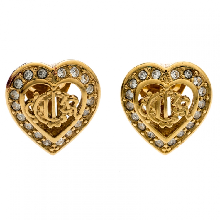 Pre Owned Dior Crystal Studded Gold Tone Necklace and Earrings Set