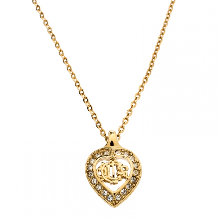 Pre Owned Dior Crystal Studded Gold Tone Necklace and Earrings Set